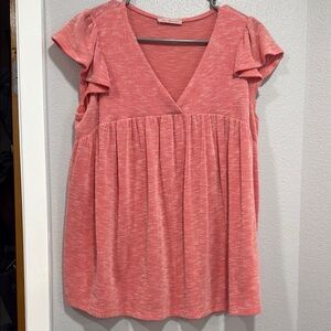 Ces Femme Pink Flutter Sleeve Blouse with Ruffled Details